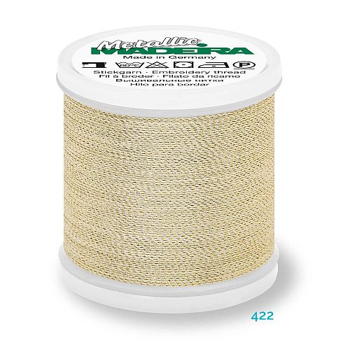 Madeira Metallic Soft No. 40 - Klöppelwerkstatt, metallisiertes Effektstickgarn, hergestellt aus Viskosefasern, mit einer extraschmalen Metallfolie ummantelt zum Sticken, Klöppeln, als Beilaufgarn, Knipling, Lace, Dentelle, Merletto, Pitsia, Kraj, Spitze, Kant, Farbnummer 422