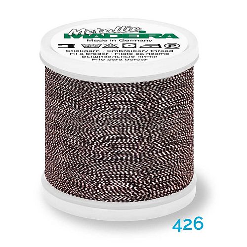 Madeira Metallic Soft No. 40 - Klöppelwerkstatt, metallisiertes Effektstickgarn, hergestellt aus Viskosefasern, mit einer extraschmalen Metallfolie ummantelt zum Sticken, Klöppeln, als Beilaufgarn, Knipling, Lace, Dentelle, Merletto, Pitsia, Kraj, Spitze, Kant, Farbnummer 426