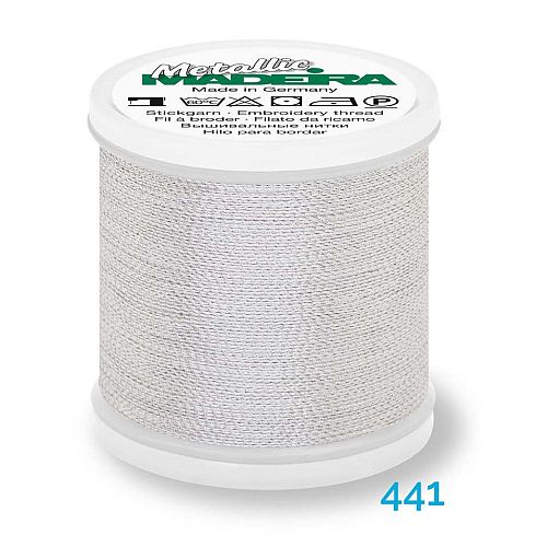 Madeira Metallic Soft No. 40 - Klöppelwerkstatt, metallisiertes Effektstickgarn, hergestellt aus Viskosefasern, mit einer extraschmalen Metallfolie ummantelt zum Sticken, Klöppeln, als Beilaufgarn, Knipling, Lace, Dentelle, Merletto, Pitsia, Kraj, Spitze, Kant, Farbnummer 441