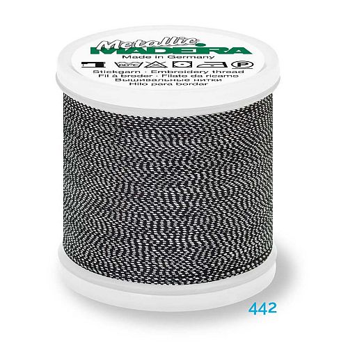 Madeira Metallic Soft No. 40 - Klöppelwerkstatt, metallisiertes Effektstickgarn, hergestellt aus Viskosefasern, mit einer extraschmalen Metallfolie ummantelt zum Sticken, Klöppeln, als Beilaufgarn, Knipling, Lace, Dentelle, Merletto, Pitsia, Kraj, Spitze, Kant, Farbnummer 442