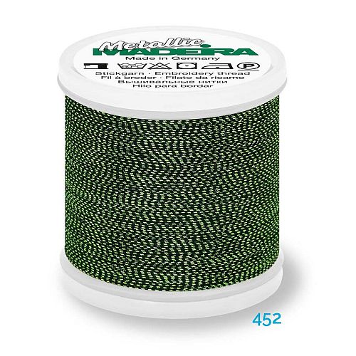 Madeira Metallic Soft No. 40 - Klöppelwerkstatt, metallisiertes Effektstickgarn, hergestellt aus Viskosefasern, mit einer extraschmalen Metallfolie ummantelt zum Sticken, Klöppeln, als Beilaufgarn, Knipling, Lace, Dentelle, Merletto, Pitsia, Kraj, Spitze, Kant, Farbnummer 452
