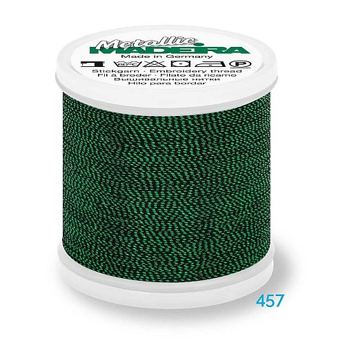 Madeira Metallic Soft No. 40 - Klöppelwerkstatt, metallisiertes Effektstickgarn, hergestellt aus Viskosefasern, mit einer extraschmalen Metallfolie ummantelt zum Sticken, Klöppeln, als Beilaufgarn, Knipling, Lace, Dentelle, Merletto, Pitsia, Kraj, Spitze, Kant, Farbnummer 457