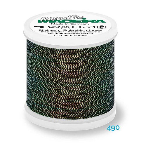 Madeira Metallic Soft No. 40 - Klöppelwerkstatt, metallisiertes Effektstickgarn, hergestellt aus Viskosefasern, mit einer extraschmalen Metallfolie ummantelt zum Sticken, Klöppeln, als Beilaufgarn, Knipling, Lace, Dentelle, Merletto, Pitsia, Kraj, Spitze, Kant, Farbnummer 490