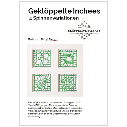 gekloeppelte Inchees-4 Spinnenvariationen, Klöppelbrief entworfen von Birgit Sarzio, Klöppelwerkstatt