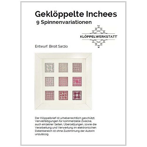 Geklöppelte Inchees 9 Spinnenvariationen, Klöppelbrief, eigener Entwurf in der Klöppelwerkstatt