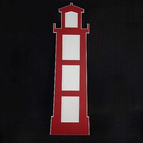 Deko-Passepartout Leuchtturm rot Rückseite geschlossenDeko-Passepartout Leuchtturm mit Spitze, in der Klöppelwerkstatt, klöppeln, Strand, Sticken, Nadelspitze