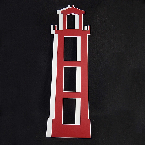 Deko-Passepartout Leuchtturm rot offen 2 HälftenDeko-Passepartout Leuchtturm mit Spitze, in der Klöppelwerkstatt, klöppeln, Strand, Sticken, Nadelspitze