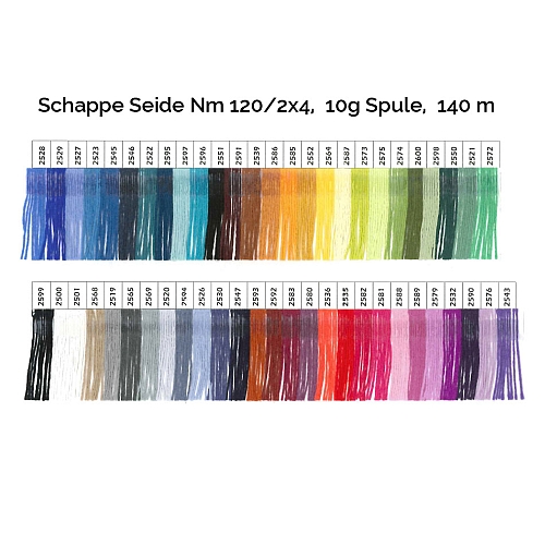 Schappe Seide Nm 120/2 x 4 Farbkarte, in der Klöppelwerkstatt, zm Stricken, Häkeln, Weben, für Kumihimo und zum Klöppeln geeignet, Seidengarn, Seidengarne