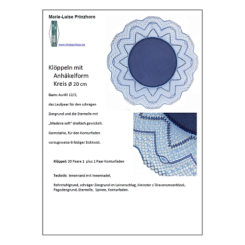 Klöppelbrief Anhäkelform Kreis d20cm, von Marie Luise Prinzhorn, in der Klöppelwerkstatt, klöppeln, häkeln, Lochranddeckchen