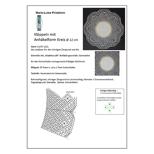 Klöppelbrief Anhäkelform Kreis d12cm - Klöppelwerkstatt ~ Marie-Luise Prinzhorn, in der Klöppelwerkstatt erhältlich.