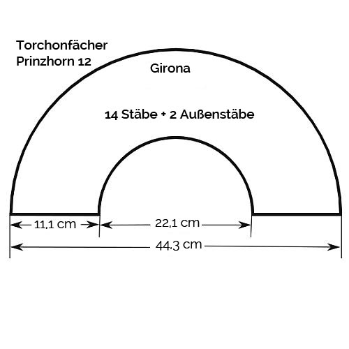 Fächer Modell Girona & Brief Torchonspitze 12, in der Klöppelwerkstatt erhältlich, Zeichnung mit Größenangaben