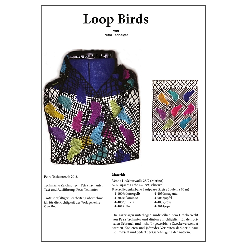 Klöppelbrief Loop Birds - Petra Tschanter, in der Klöppelwerkstatt, klöppeln, Torchon, Bio Schurwolle, Merino