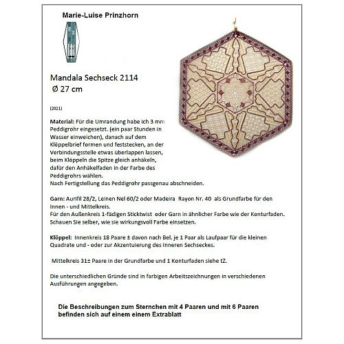 Klöppelbrief Mandala 6-eck~ M. L. Prinzhorn, in der Köppelwerkstatt erhältlich, Fensterbild, Torchon, klöppeln