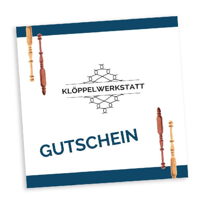 Der Online-Gutschein – in der Klöppelwerkstatt erhältlich, Gutscheinwert auswählen und individuelle Nachricht möglich, im Onlineshop einlösbar oder auf Fachmessen. Klöppeln, Occhi, Patchwork, Quilten, Stricken, Weben.