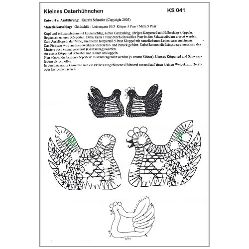 Kleines Osterhühnchen Klöppelbrief- Kathrin Schröder, Klöppelwerkstatt 5 Paare, beide Teile können zusammen genäht werden und ergeben so einen Eierbecher