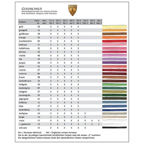 Goldschild Leinengarn Farbkarte - Klöppelwerkstatt, Farbkarte mit 29 Garnproben, Anhand der Farbkarte können Sie ihre Lieblingsfarben sehr gut auswählen, klöppeln, stricken, weben, sticken, Modellbau