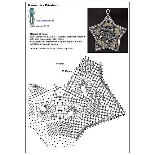 Klöppelbrief 5-zack Stern 2111 - Marie Luise Prinzhorn, in der Klöppelwerkstatt, klöppeln, Weihnachten, Sterne, Torchon, Dekoration