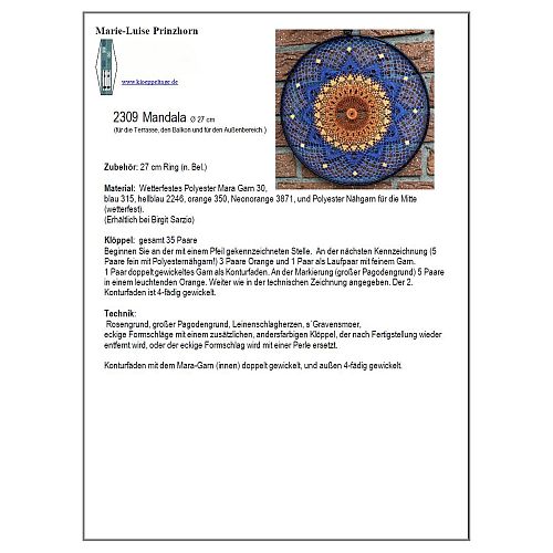Klöppelbrief Mandala 2309 ~ M. L. Prinzhorn, in der Köppelwerkstatt erhältlich, Fensterbild, Torchon, klöppeln