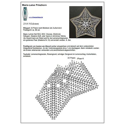 Klöppelbrief 5-zack Stern 2318 - Marie Luise Prinzhorn, in der Klöppelwerkstatt, klöppeln, Weihnachten, Sterne, Torchon, Dekoration