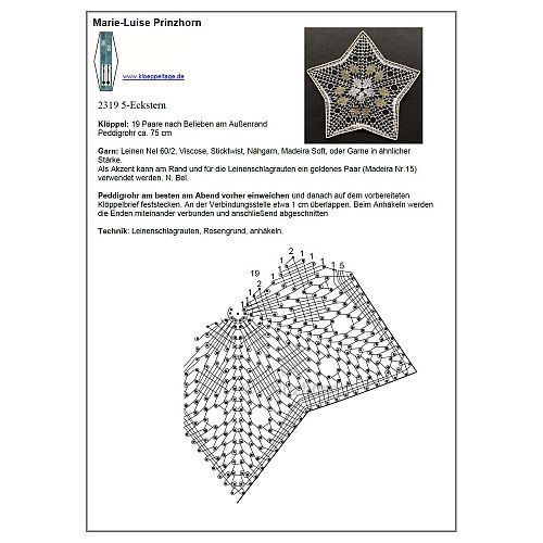 Klöppelbrief 5-zack Stern 2319 - Marie Luise Prinzhorn, in der Klöppelwerkstatt, klöppeln, Weihnachten, Sterne, Torchon, Dekoration