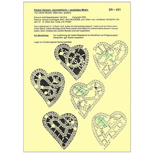 Klöppelbrief kleines Herz asymmetrisch - Klöppelwerkstatt, Entwurf: Ute Ehrt, Anzahl Klöppel: 4-5, ein kleines Herz zum Valentinstag oder zum Muttertag, klöppeln, Geschenk, Accessoires