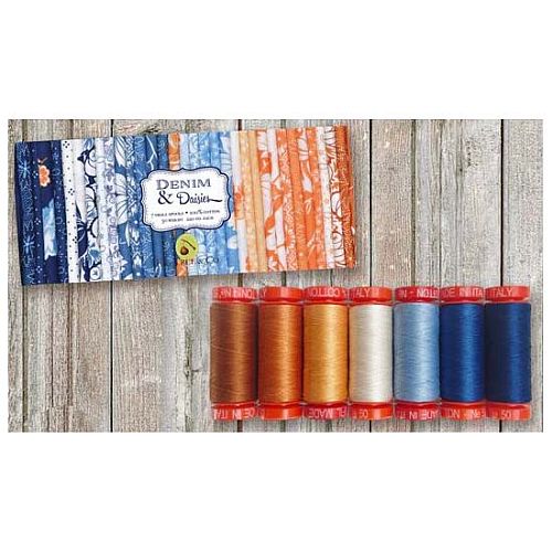Denim und Daisies by Joanna Figueroa by Aurifil - Klöppelwerkstatt, Das Set enthält 7 kleine (4,3g) Spulen Aurifil, in der Stärke 80, 28, 40, 50wt erhältlich, klöppeln, quilten, Patchwork, Nähen, Nadelspitze