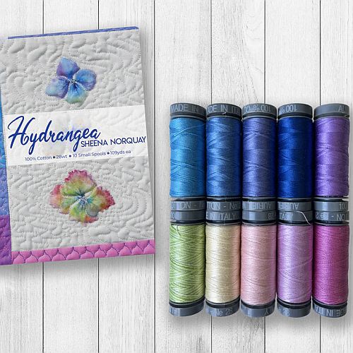 Hydrangea by Sheena Norquay by Aurifil - Klöppelwerkstatt, Das Set enthält 10 kleine (4,3g) Spulen, abgeleitet von den Farben der Hortensien, klöppeln, Quilten, Patchwork, nähen, Nadelmalerei