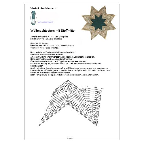 Klöppelbrief Weihnachtsstern mit Stoffmitte ~ M.L. Prinzhorn - Klöppelwerkstatt, 22 Paare, empf. Garne: Leinengarn Stärke Nel 60/2, klöppeln, Christmas