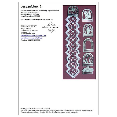 Klöppelbrief Lesezeichen 1 - Inge Theuerkauf - Klöppelwerkstatt, ca.16 Paare, empf. Garne: Leinengarn Stärke Nel 60/2, klöppeln,