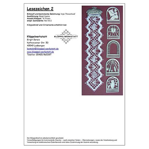 Klöppelbrief Lesezeichen 2 - Inge Theuerkauf - Klöppelwerkstatt, ca.16 Paare, empf. Garne: Leinengarn Stärke Nel 60/2, klöppeln,
