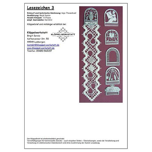 Klöppelbrief Lesezeichen 3 - Inge Theuerkauf - Klöppelwerkstatt, ca.16 Paare, empf. Garne: Leinengarn Stärke Nel 60/2, klöppeln,