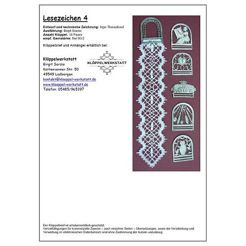 Klöppelbrief Lesezeichen 4 - Inge Theuerkauf - Klöppelwerkstatt, ca.16 Paare, empf. Garne: Leinengarn Stärke Nel 60/2, klöppeln,