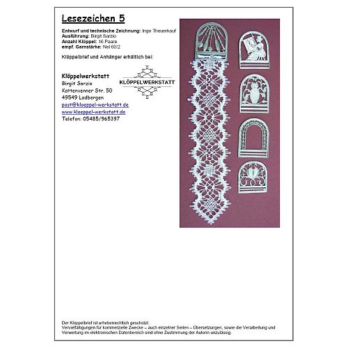Klöppelbrief Lesezeichen 5 - Inge Theuerkauf - Klöppelwerkstatt, ca.16 Paare, empf. Garne: Leinengarn Stärke Nel 60/2, klöppeln,