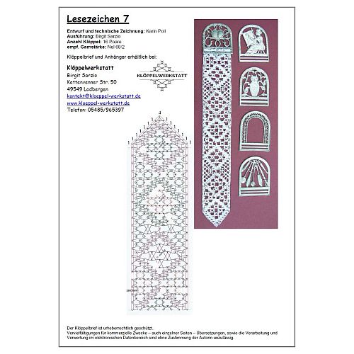 Klöppelbrief Lesezeichen 7 - Karin Poll - Klöppelwerkstatt, ca.16 Paare, empf. Garne: Leinengarn Stärke Nel 60/2, klöppeln,
