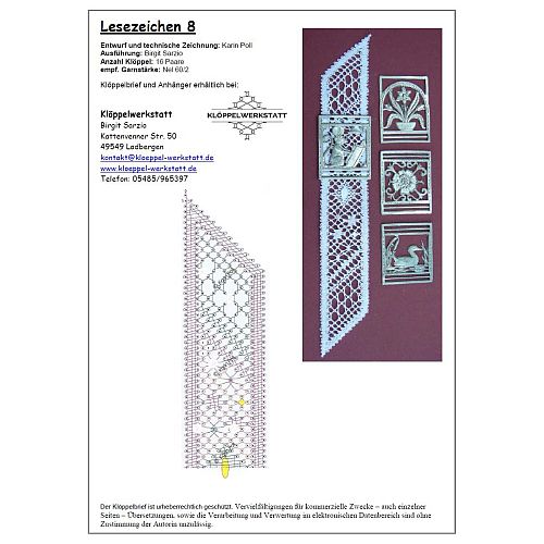 Klöppelbrief Lesezeichen 8 - Karin Poll - Klöppelwerkstatt, ca.16 Paare, empf. Garne: Leinengarn Stärke Nel 60/2, klöppeln,