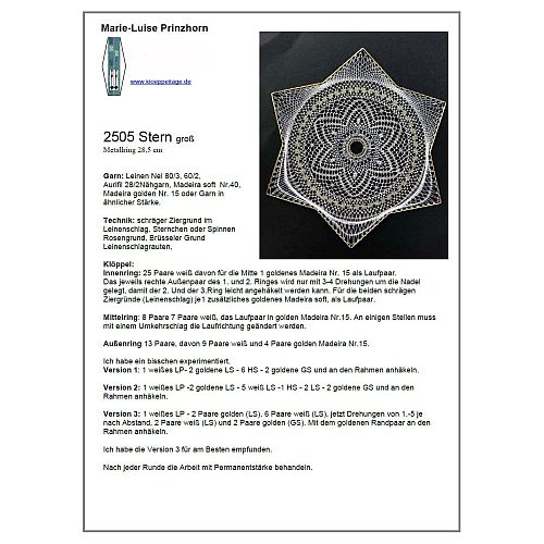 Klöppelbrief 6-zack Stern 2505 ~ M.L. Prinzhorn - Klöppelwerkstatt, ca.16 Paare, empf. Garne: Leinengarn Stärke Nel 60/2, Weihnachten, Sterne, Christmas, klöppeln Torchon