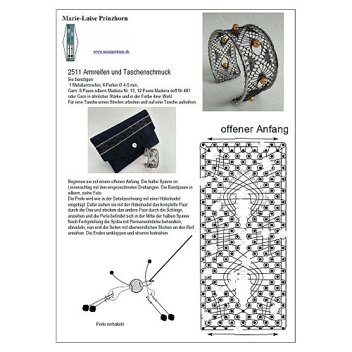 Klöppelbrief Armreif 2511 und Taschenschmuck ~ Klöppelwerkstatt, M.L. Prinzhorn - 6 Paare, empf. Garne: Leinengarn Stärke Nel 60/2, Madeira Nr. 12, klöppeln, Schmuck, Torchon, Perlen