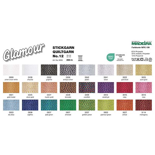 Madeira Metallic Glamur No 12 - Klöppelwerkstatt, Madeira Glamur Nr. 12 ist ideal für voluminöse und plastische Glitzer-Stickereien, in 24 Farben erhältlich, hier die Farbkarte, klöppeln, sticken