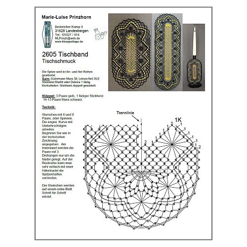 Klöppelbrief Tischband-Schmuck 2605 ~ M.L. Prinzhorn - Klöppelwerkstatt, ca. 14-15 Paare, empf. Garne: Leinengarn Stärke Nel 35/2, klöppeln, Mara Garn